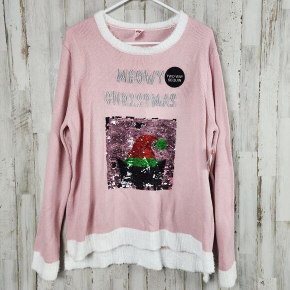 Holiday Time Holiday Sequin Meowy Kitty Cat Sweater Pink Size XL 16-18 - Picture 1 of 10
